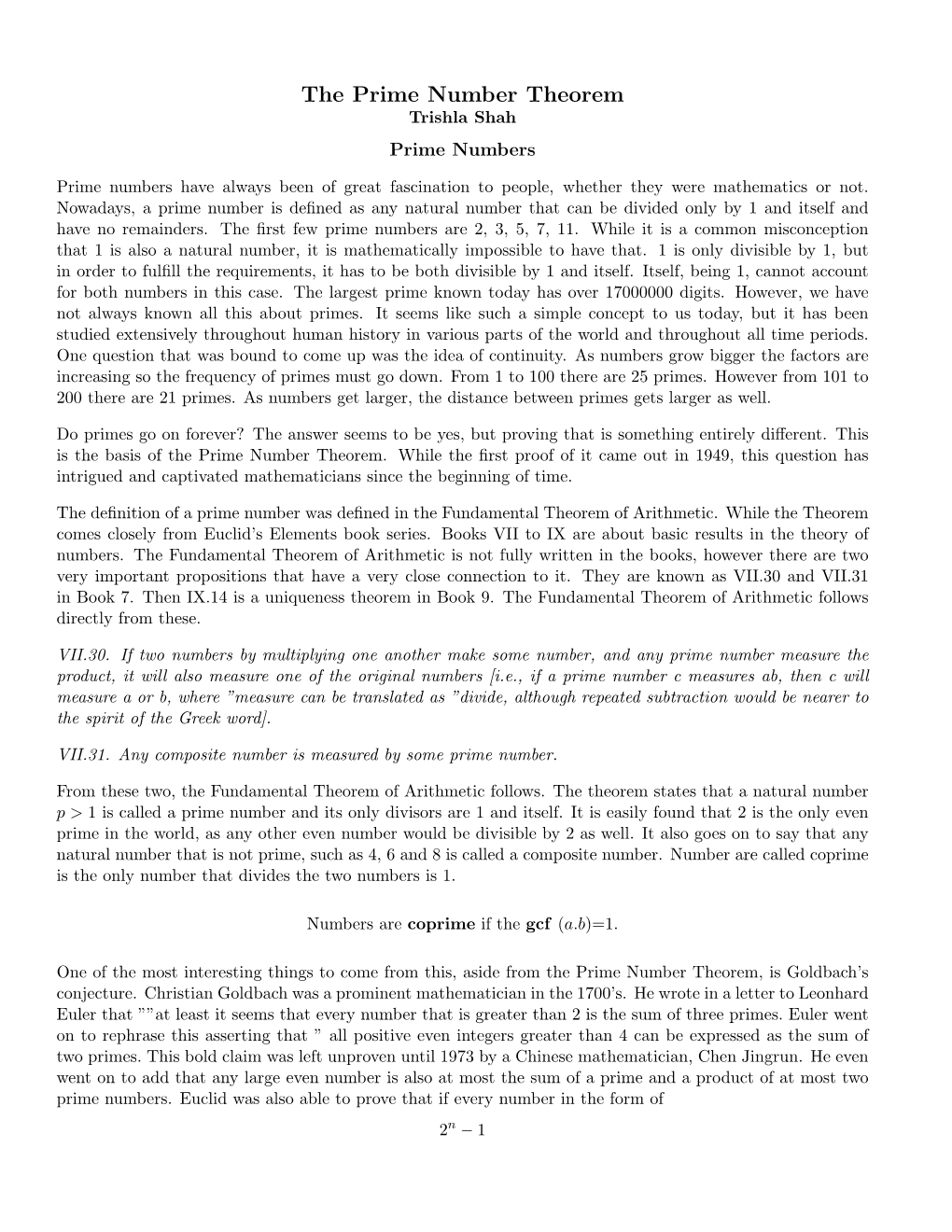 The Prime Number Theorem Trishla Shah Prime Numbers