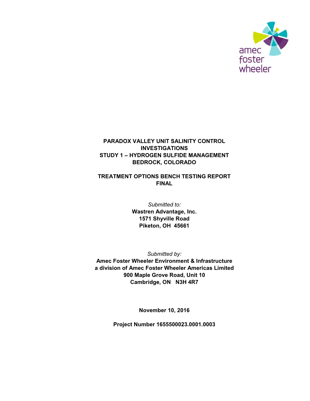 Paradox Valley Unit Salinity Control Investigations Study 1 – Hydrogen Sulfide Management Bedrock, Colorado