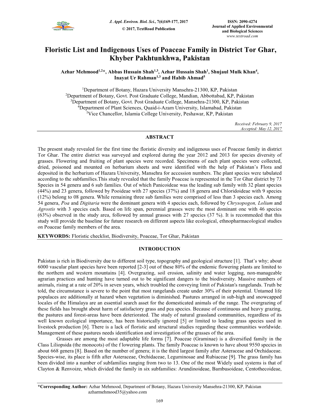 Floristic List and Indigenous Uses of Poaceae Family in District Tor Ghar, Khyber Pakhtunkhwa, Pakistan