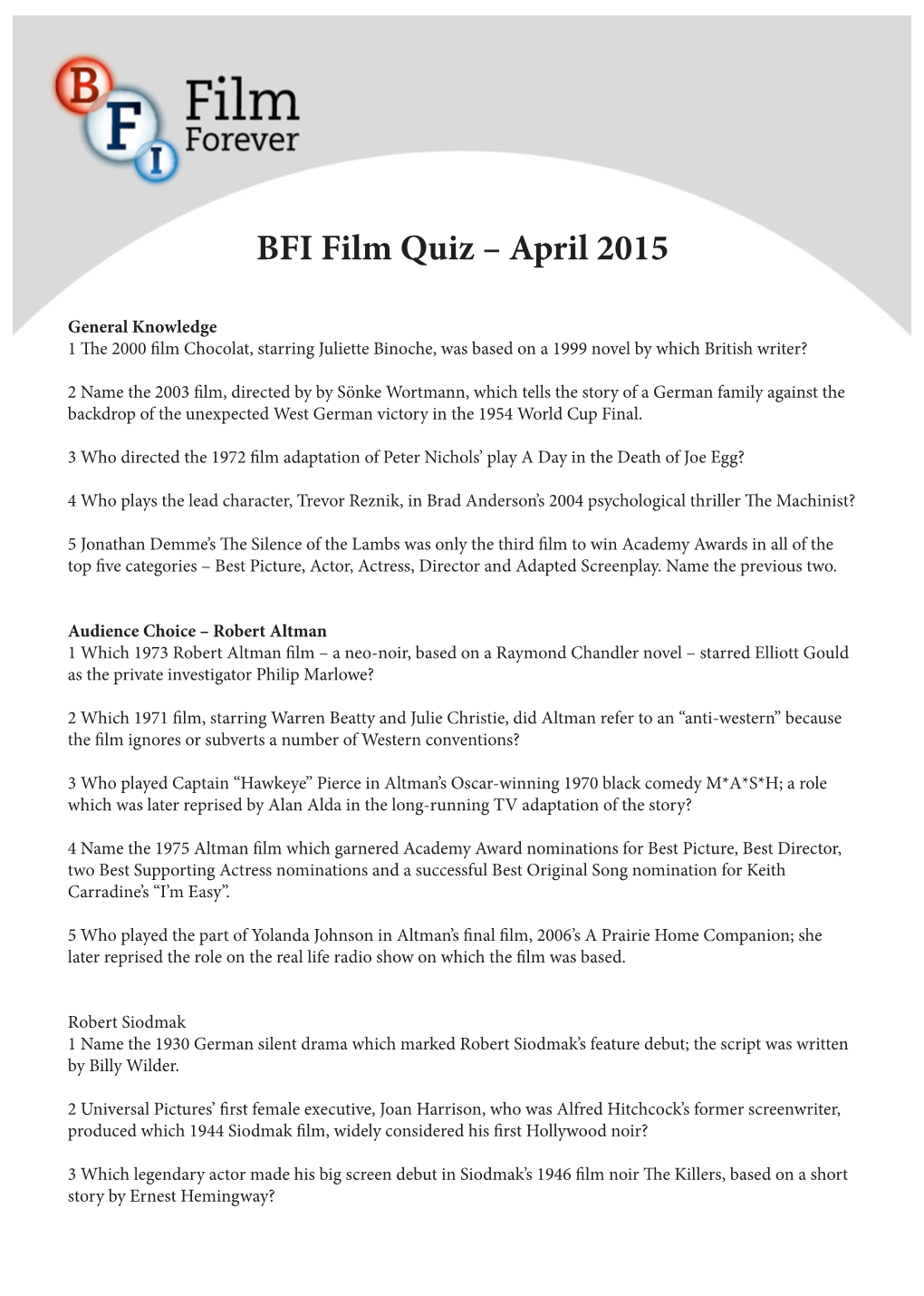 BFI Film Quiz – April 2015