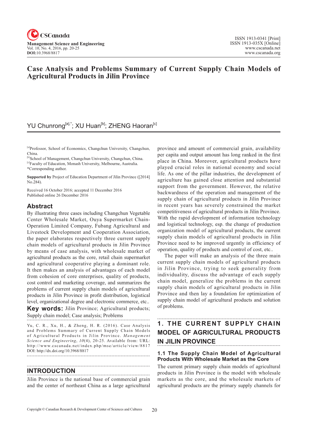 Case Analysis and Problems Summary of Current Supply Chain Models of Agricultural Products in Jilin Province