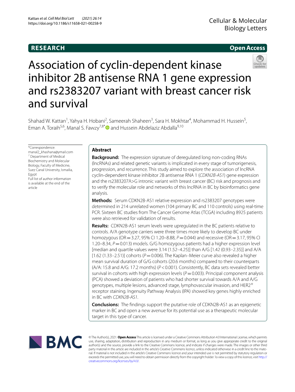 Association of Cyclin-Dependent Kinase Inhibitor 2B Antisense RNA 1 Gene Expression and Rs2383207 Variant with Breast Cancer