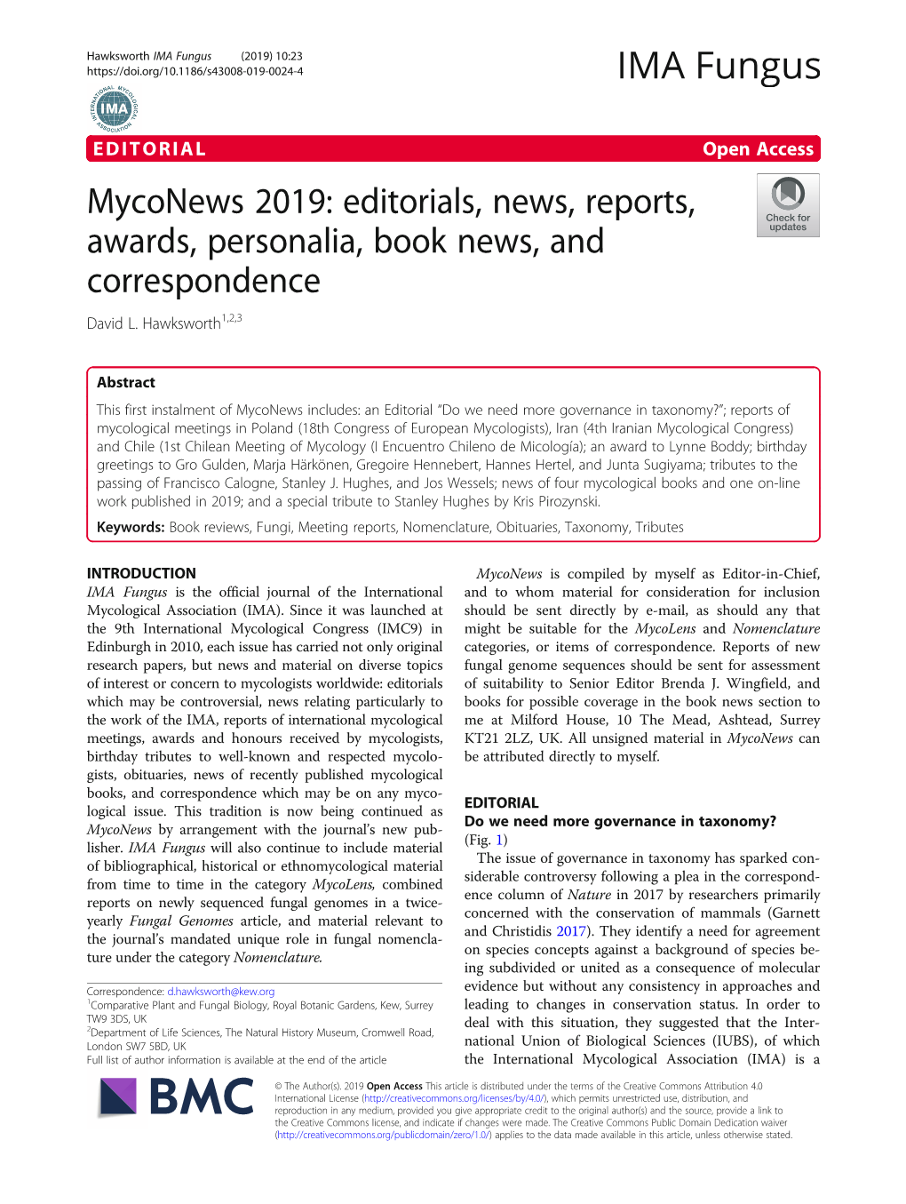 Myconews 2019: Editorials, News, Reports, Awards, Personalia, Book News, and Correspondence David L