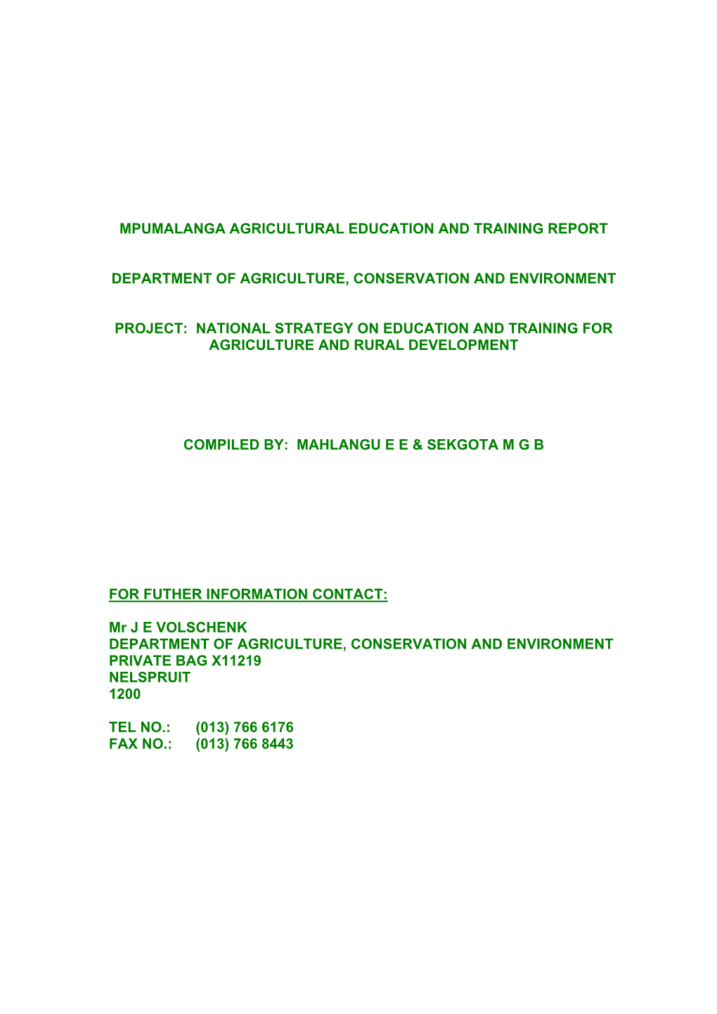 Mpumalanga Agricultural Education and Training Report