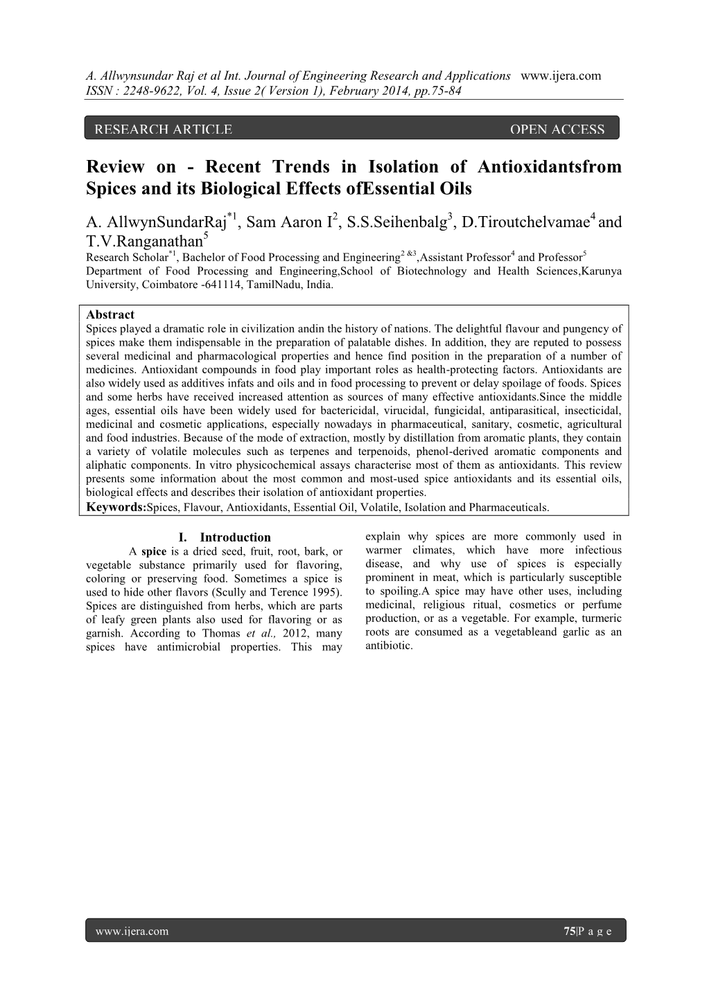 Recent Trends in Isolation of Antioxidantsfrom Spices and Its Biological Effects Ofessential Oils