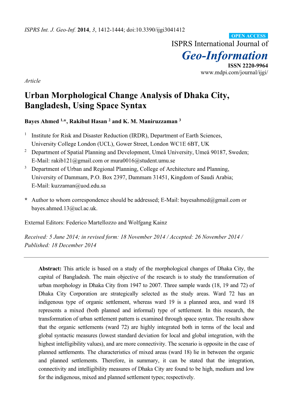 Urban Morphological Change Analysis of Dhaka City, Bangladesh, Using Space Syntax