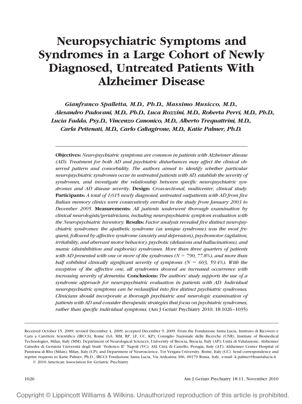 Neuropsychiatric Symptoms and Syndromes in a Large Cohort of Newly Diagnosed, Untreated Patients with Alzheimer Disease