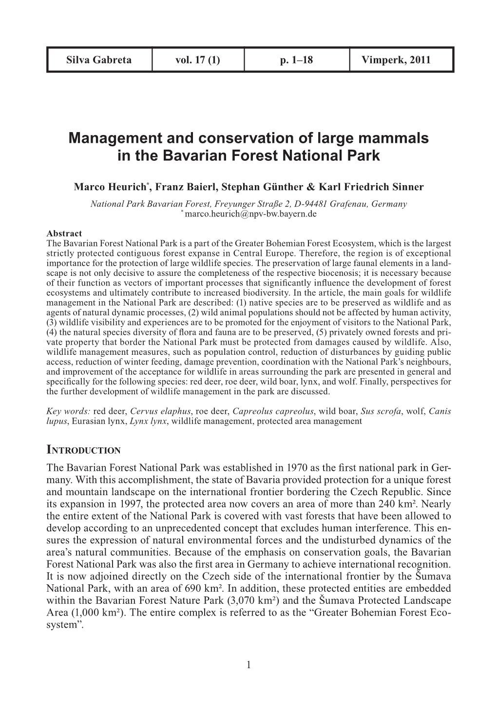 Management and Conservation of Large Mammals in the Bavarian Forest National Park
