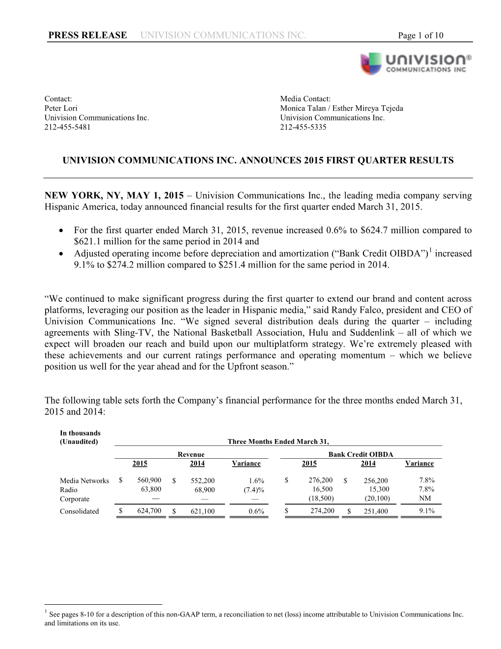 Press Release Univision Communications Inc