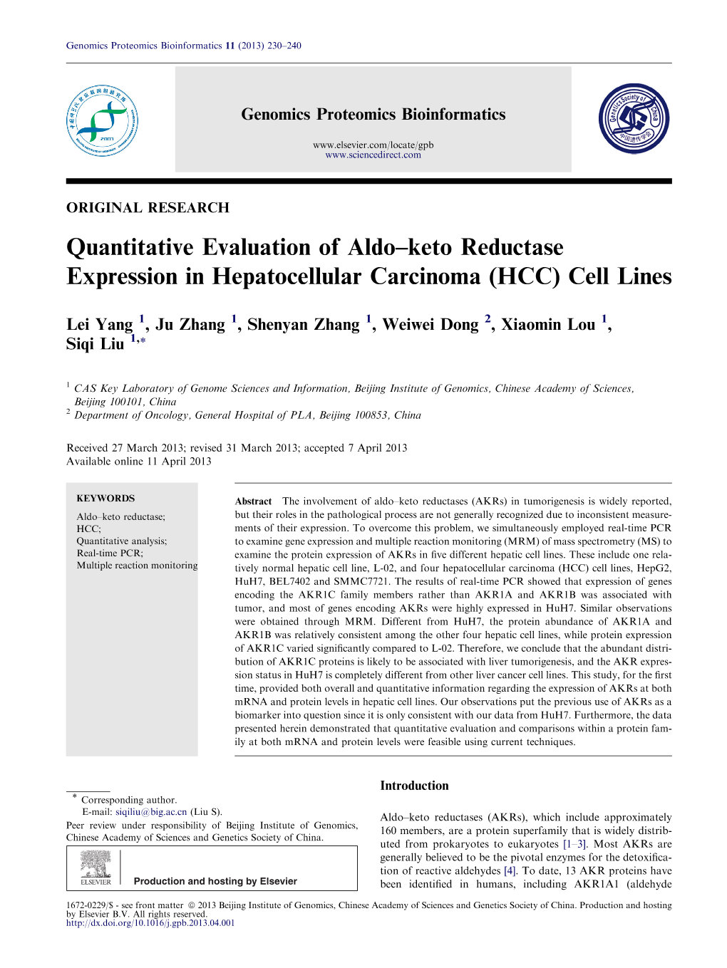 Keto Reductase Expression in Hepatocellular Carcinoma (HCC) Cell Lines