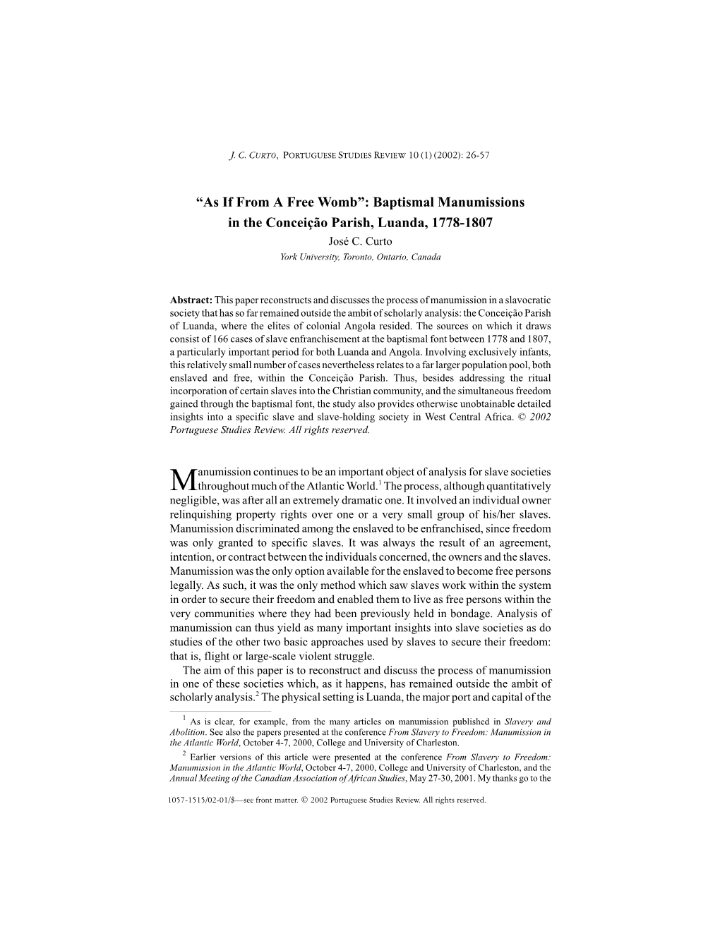 As If from a Free Womb”: Baptismal Manumissions in the Conceição Parish, Luanda, 1778-1807 José C