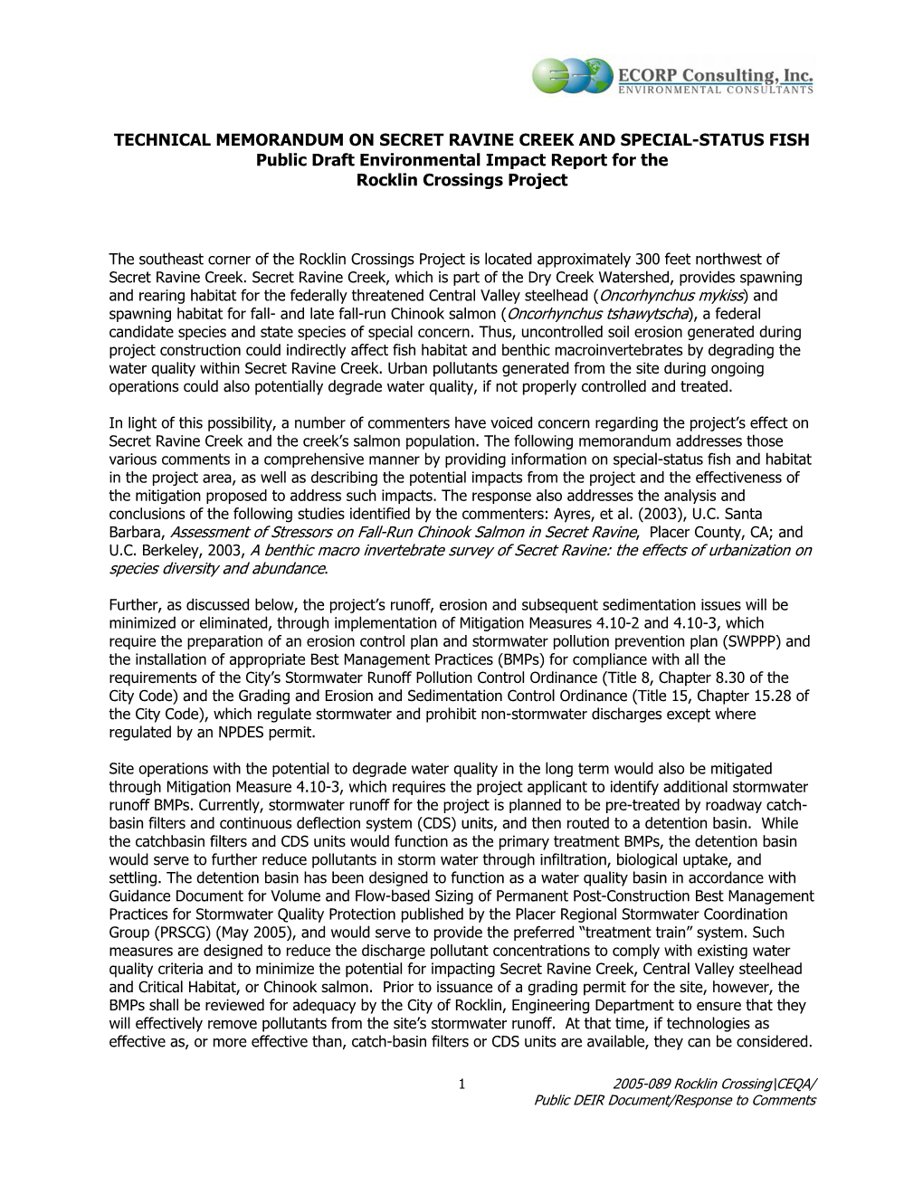 TECHNICAL MEMORANDUM on SECRET RAVINE CREEK and SPECIAL-STATUS FISH Public Draft Environmental Impact Report for the Rocklin Crossings Project