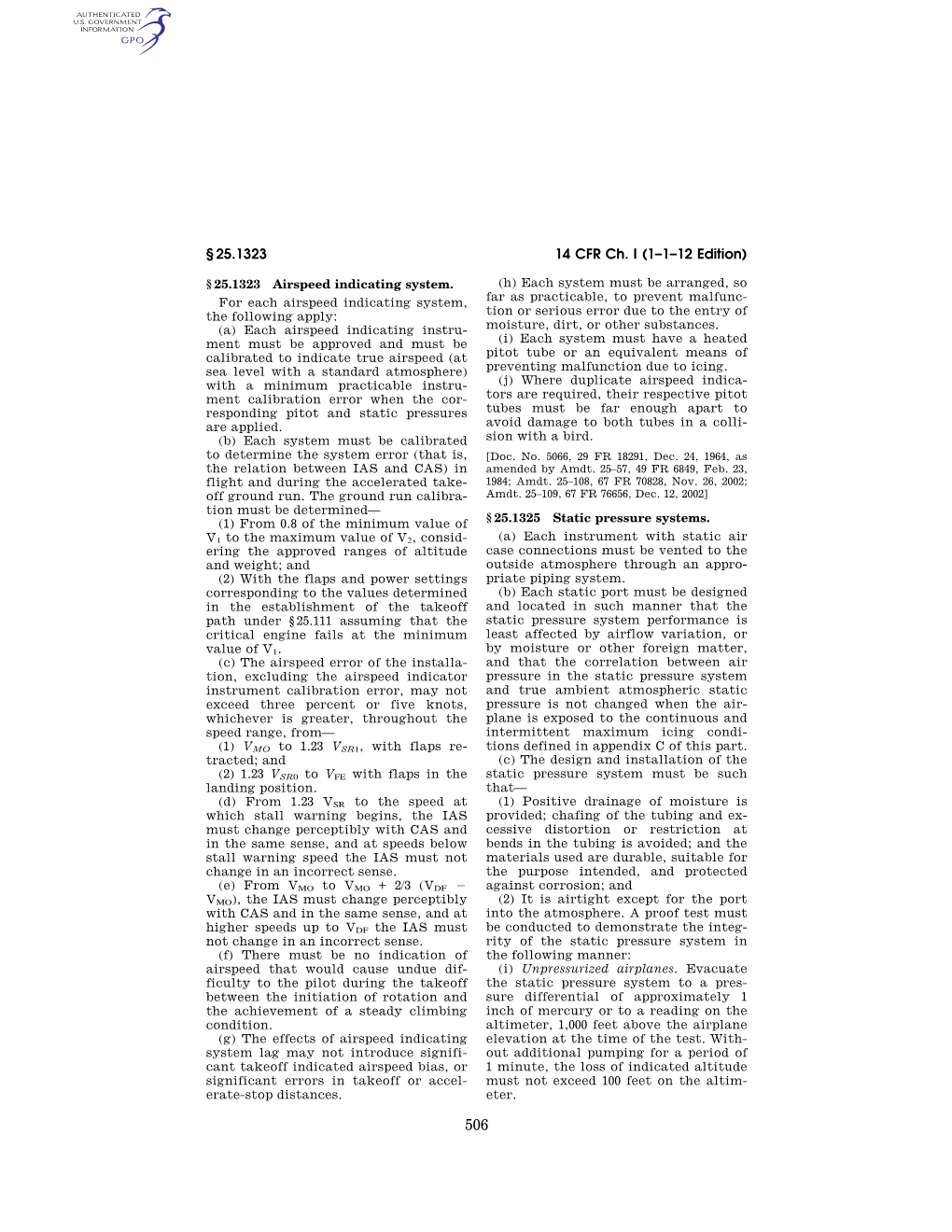 14 CFR Ch. I (1–1–12 Edition) § 25.1323