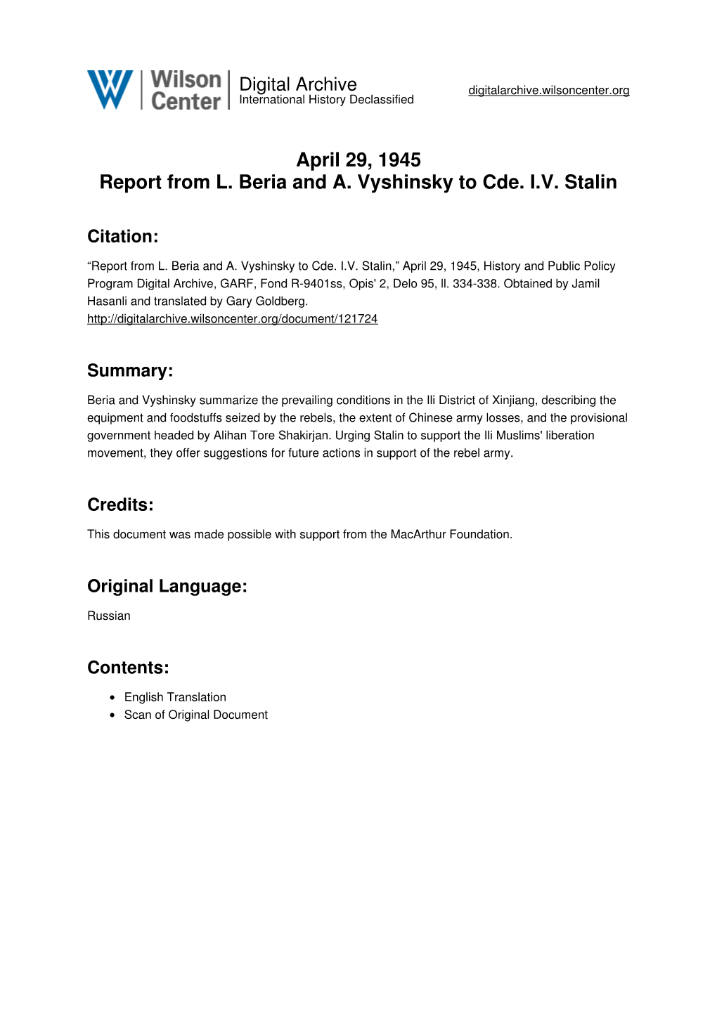 April 29, 1945 Report from L. Beria and A. Vyshinsky to Cde. I.V. Stalin