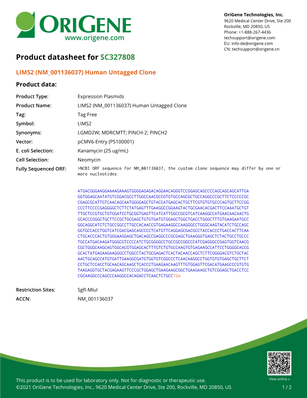 LIMS2 (NM 001136037) Human Untagged Clone Product Data