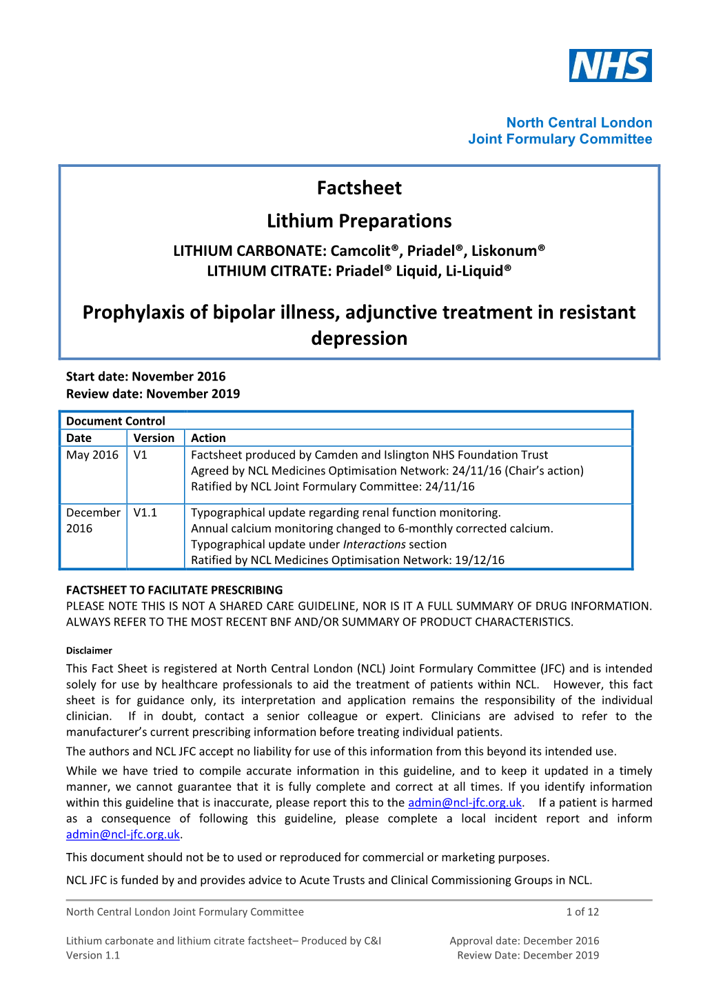 Factsheet Lithium Preparations Prophylaxis of Bipolar Illness