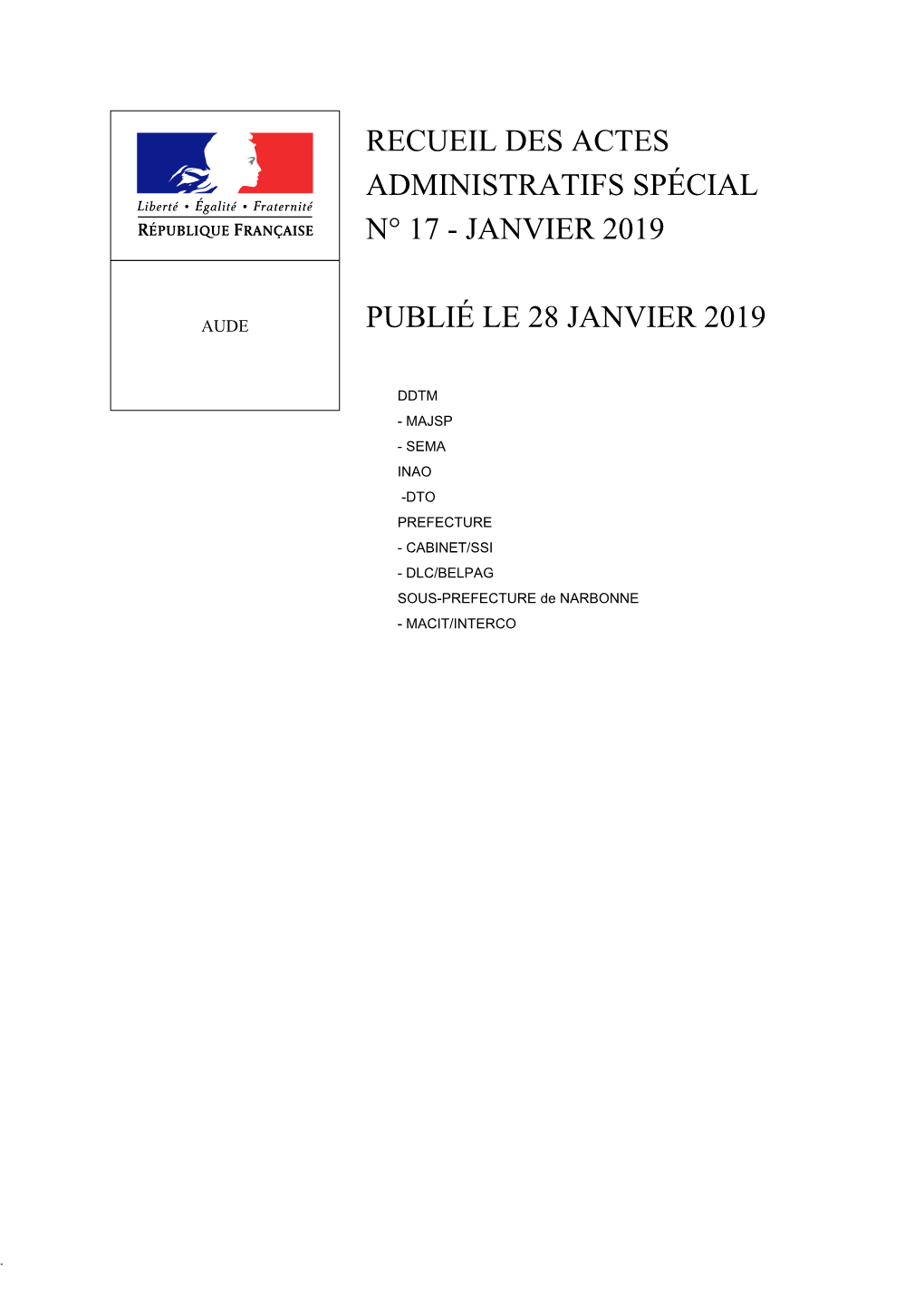 Recueil Des Actes Administratifs Spécial N° 17 - Janvier 2019