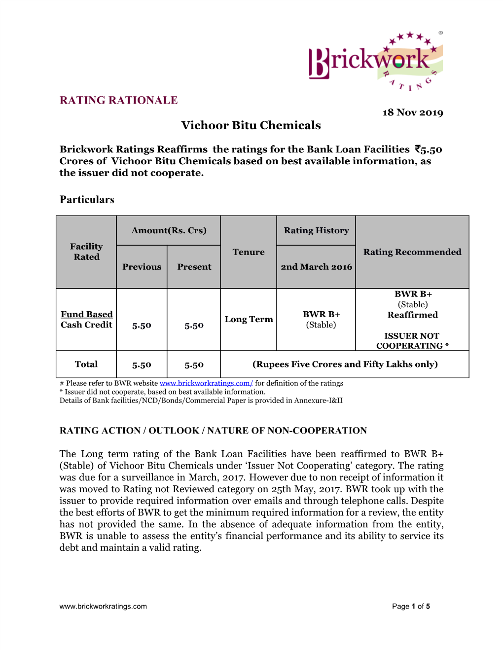 RATING RATIONALE Vichoor Bitu Chemicals Particulars