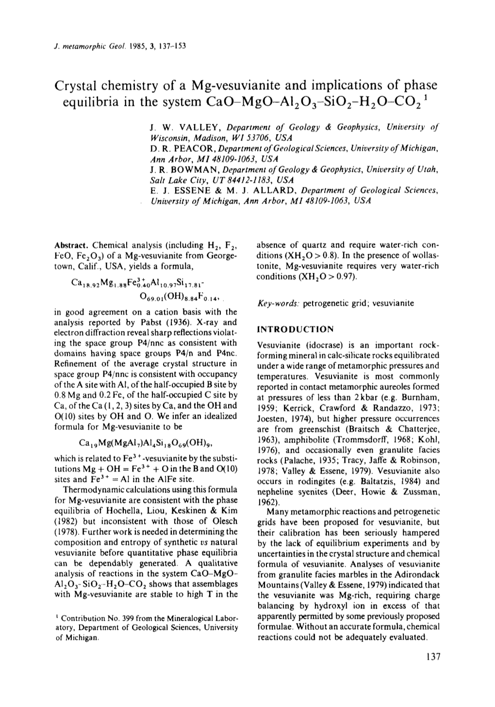 Crystal Chemistry of a Mg-Vesuvianite and Implications of Phase Equilibria in the System Cao-Mgo-Al,O,-SO,-H,O-CO