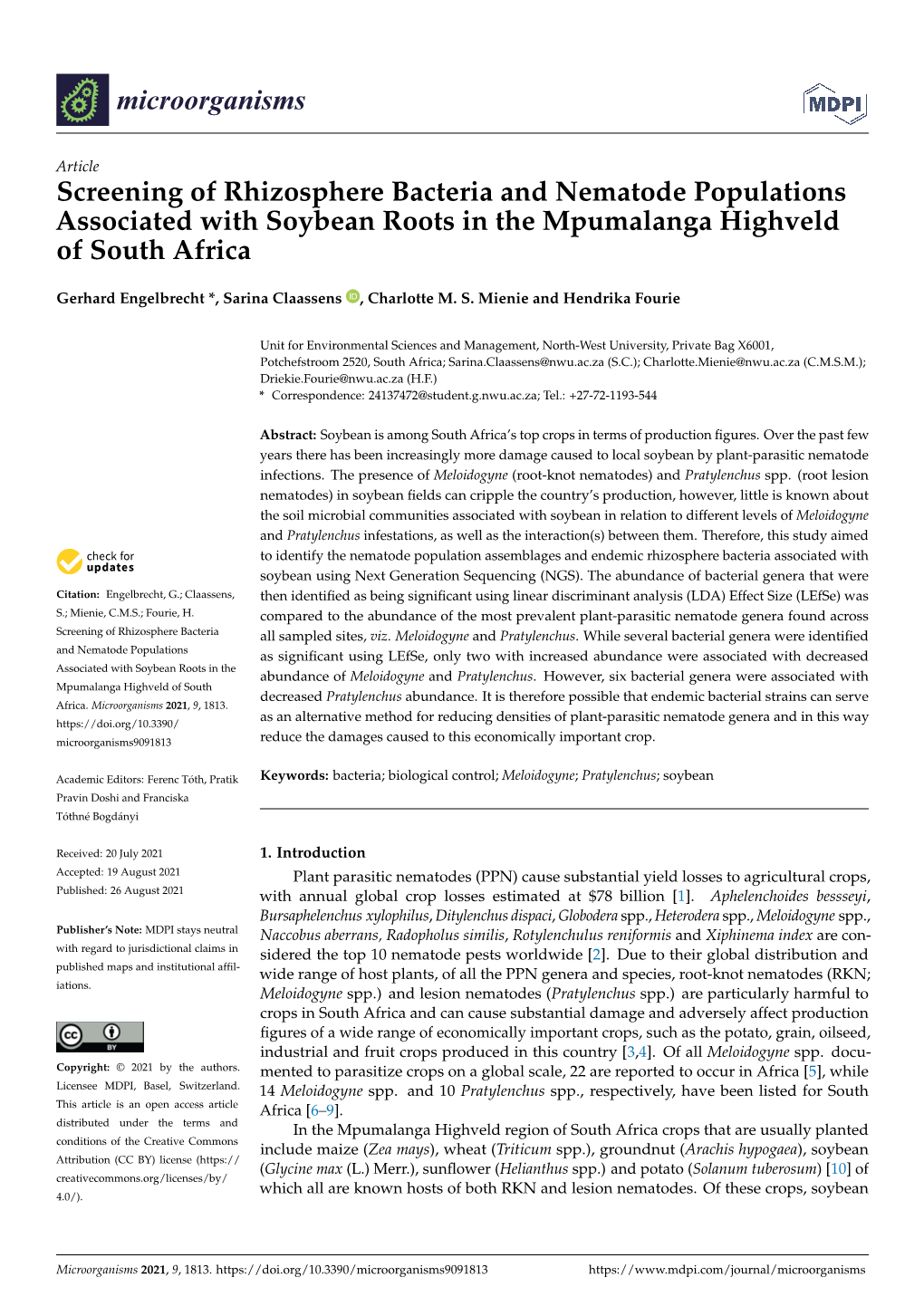 Screening of Rhizosphere Bacteria and Nematode Populations Associated with Soybean Roots in the Mpumalanga Highveld of South Africa