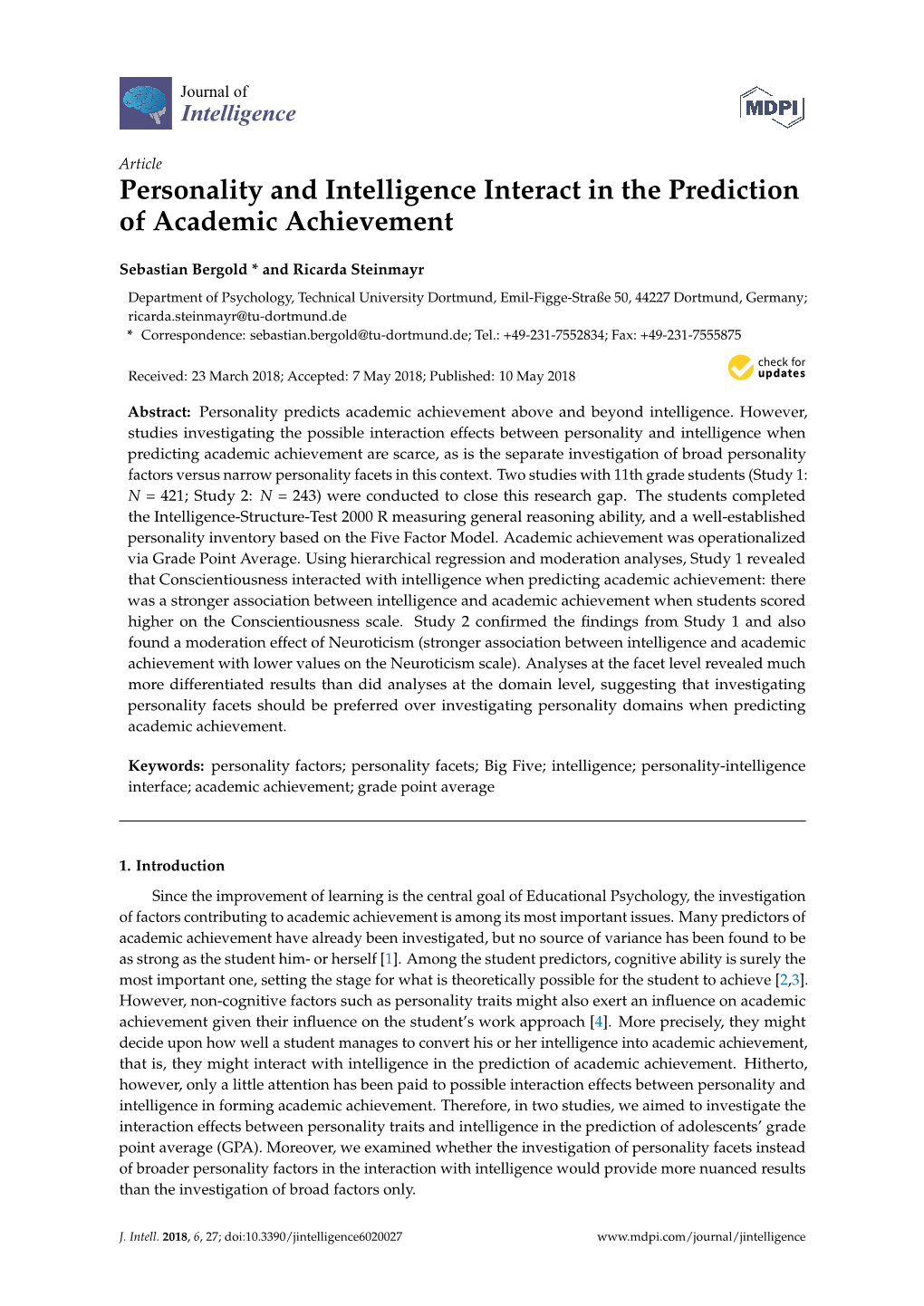 Personality and Intelligence Interact in the Prediction of Academic Achievement