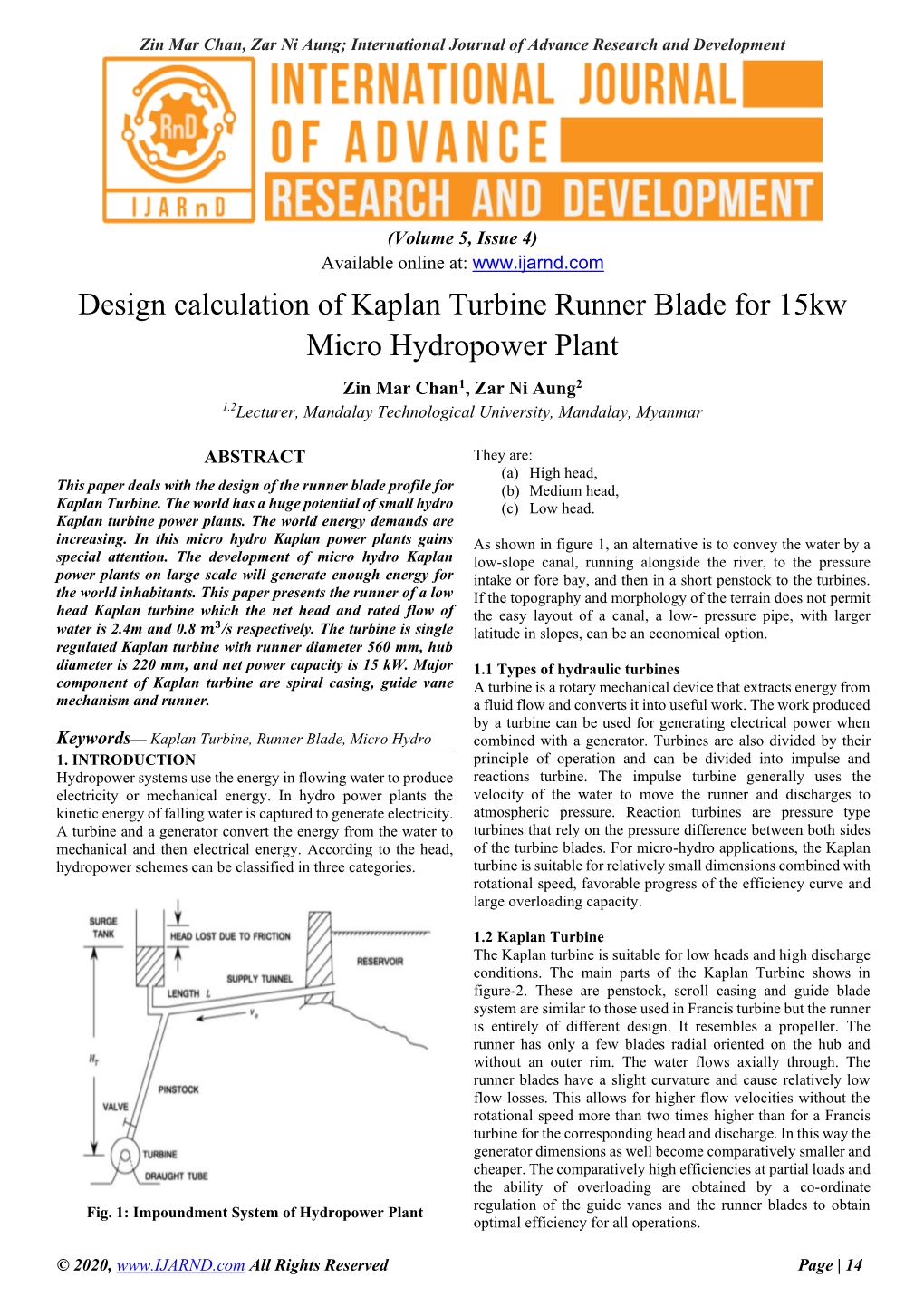 Design Calculation of Kaplan Turbine Runner Blade for 15Kw Micro