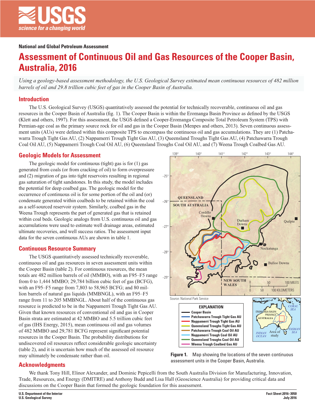 Assessment of Continuous Oil and Gas Resources of the Cooper Basin, Australia, 2016 Using a Geology-Based Assessment Methodology, the U.S