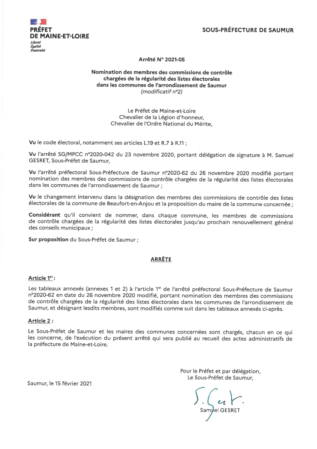 L'arrêté Préfectoral N° 2021-05 Du 15 Février 2021