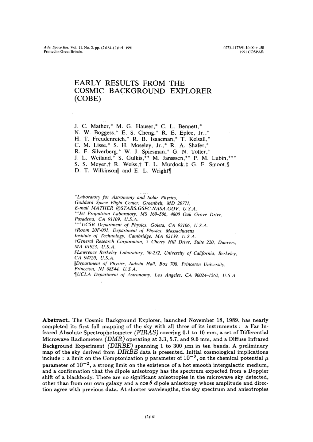 Early Results from the Cosmic Background Explorer (Cobe)