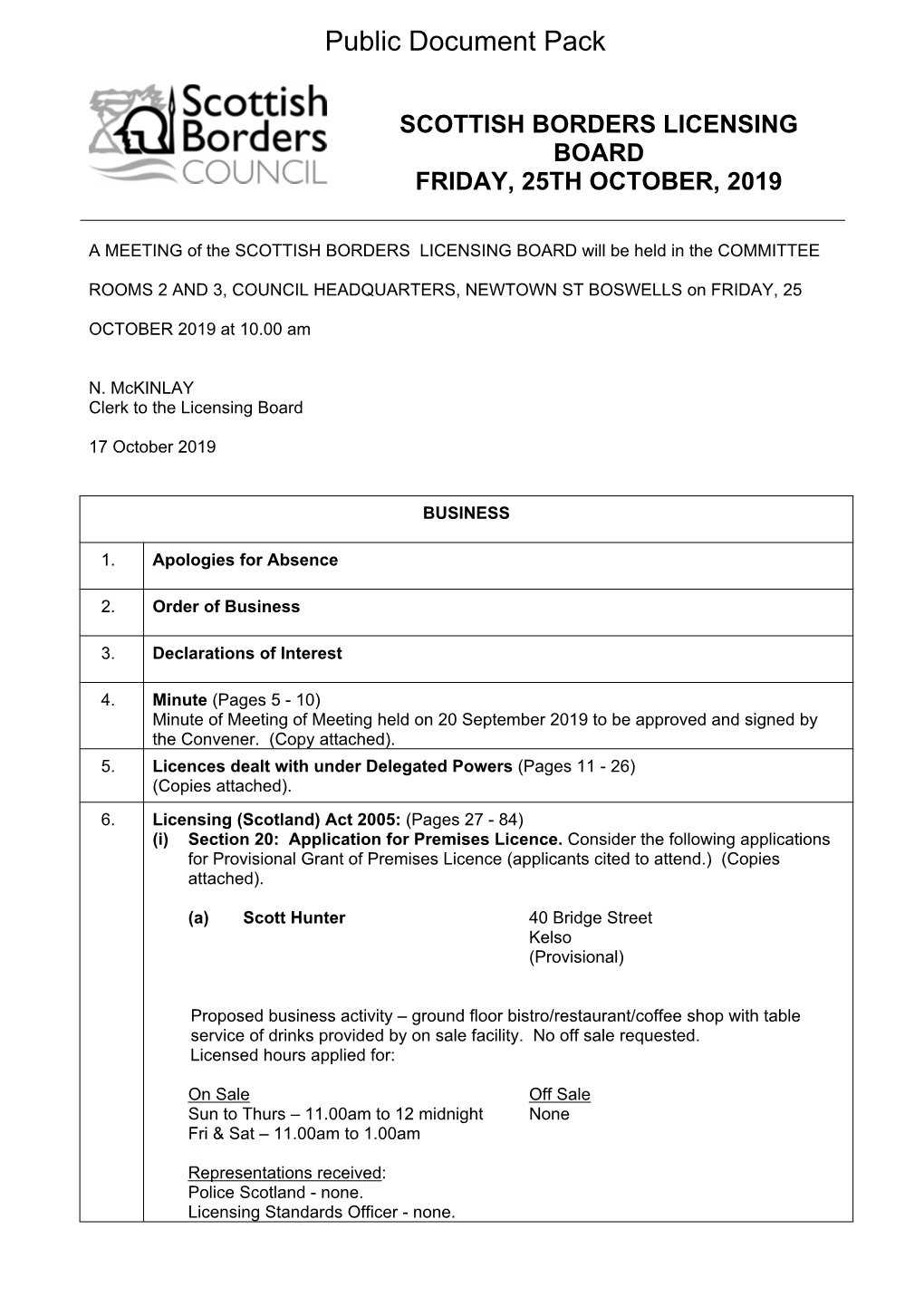 (Public Pack)Agenda Document for Scottish Borders Licensing Board