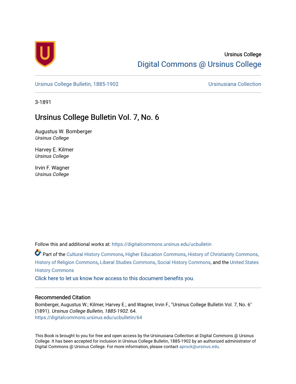 Ursinus College Bulletin Vol. 7, No. 6