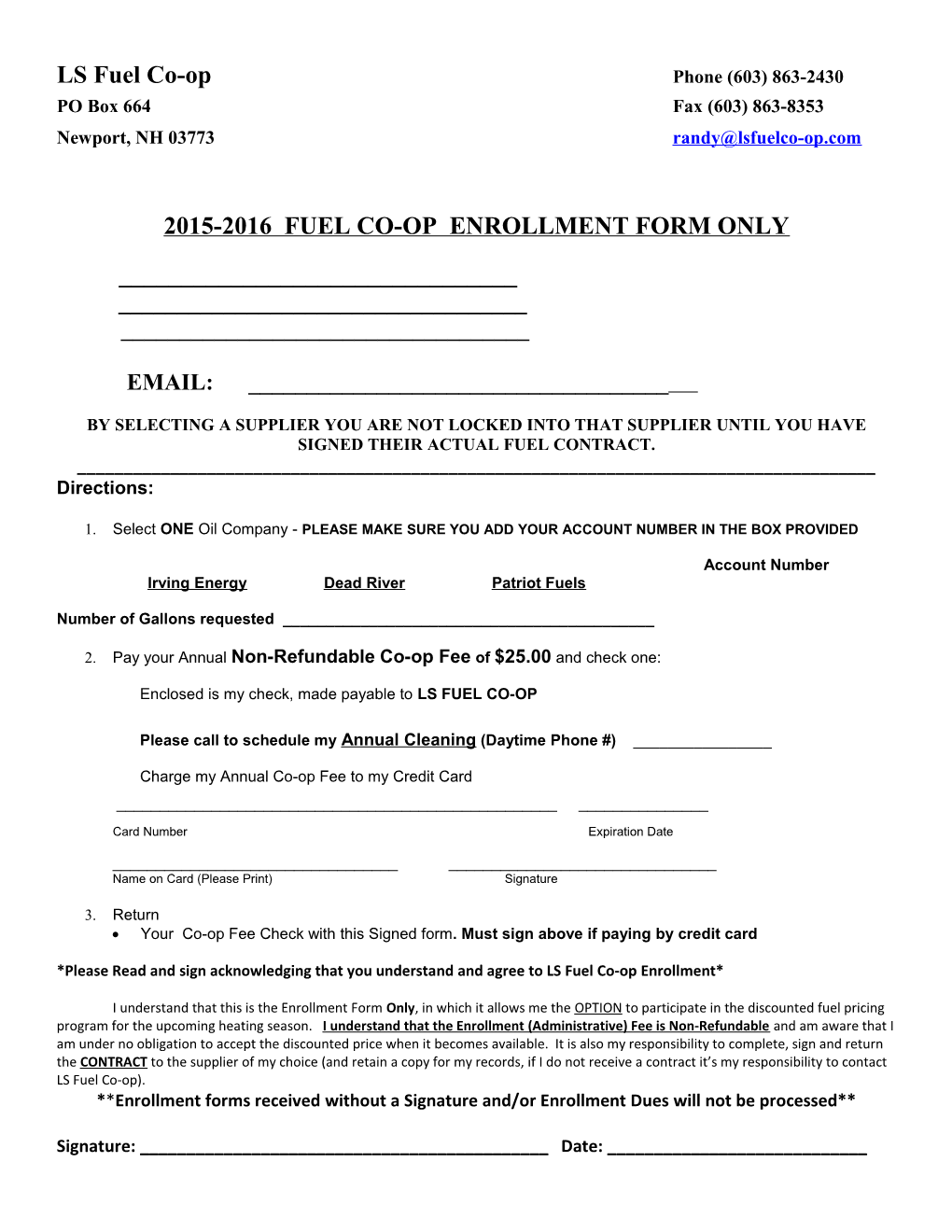 2015-2016 Fuel Co-Op Enrollment Form Only