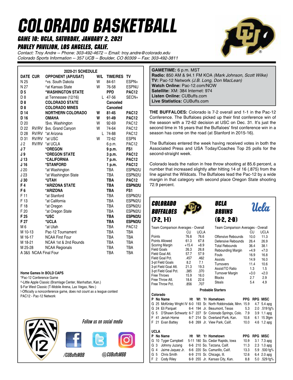 Colorado Basketball GAME 10: UCLA, Saturday, January 2, 2021 Pauley Pavilion, Los Angeles, Calif