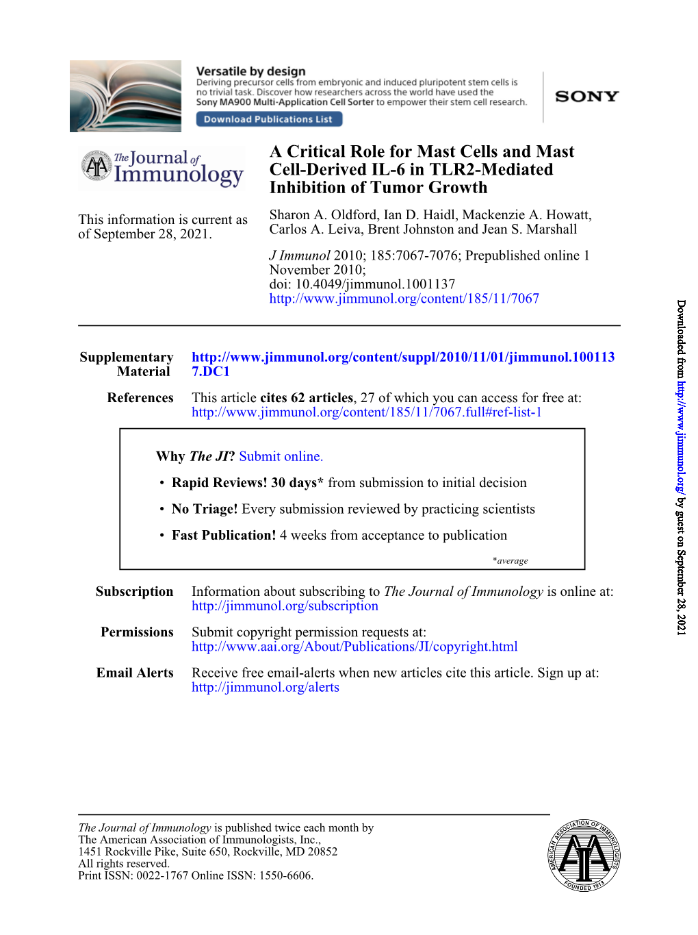 Inhibition of Tumor Growth Cell-Derived IL-6 in TLR2-Mediated a Critical Role for Mast Cells and Mast