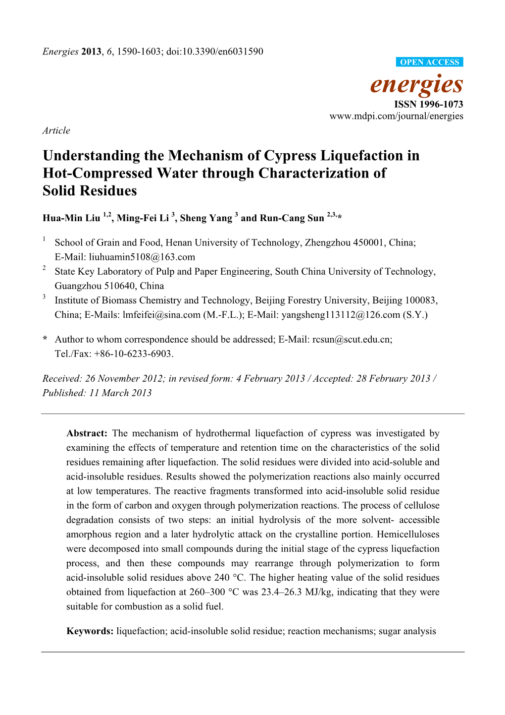 Understanding the Mechanism of Cypress Liquefaction in Hot-Compressed Water Through Characterization of Solid Residues