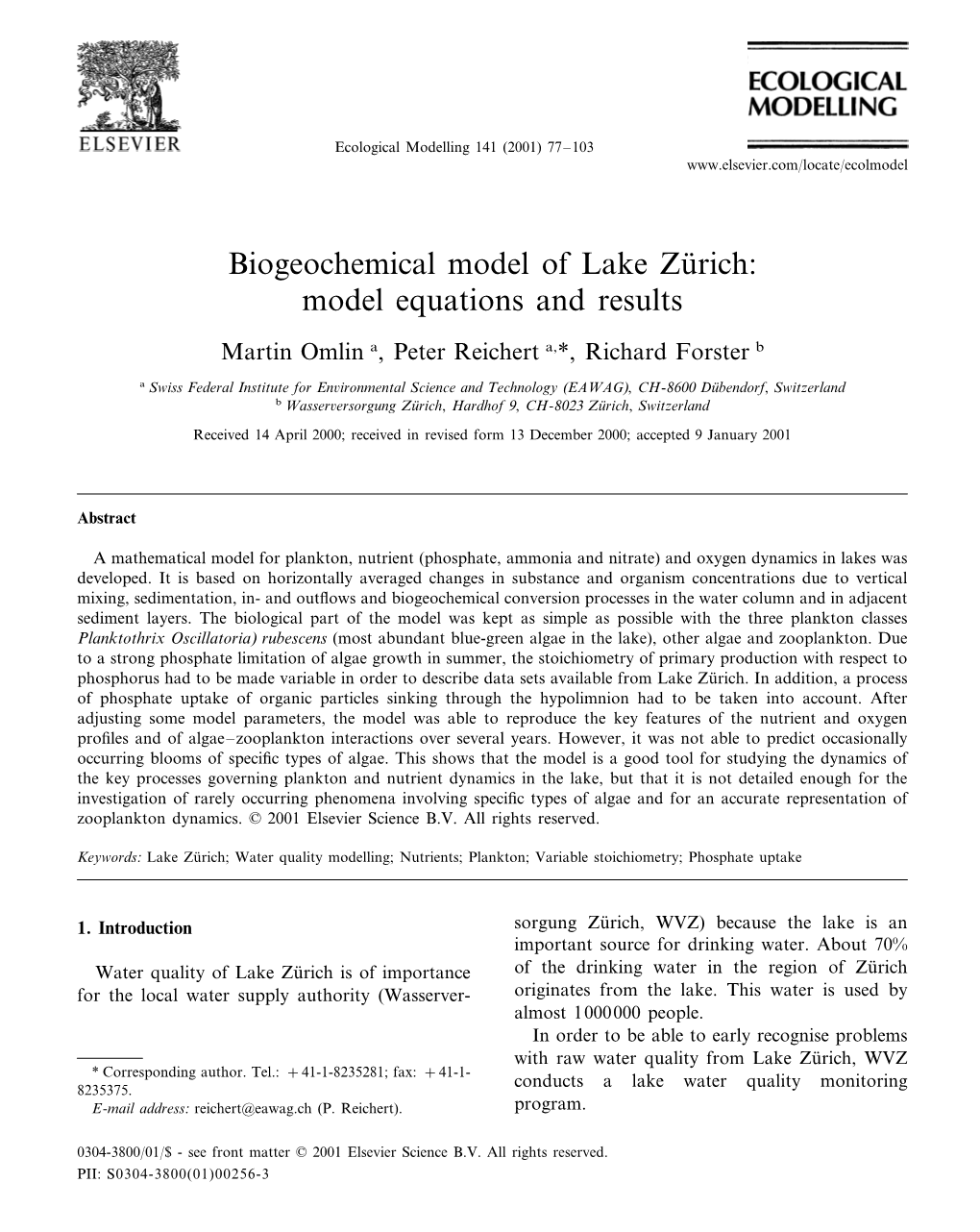 Biogeochemical Model of Lake Zu¨Rich: Model Equations and Results