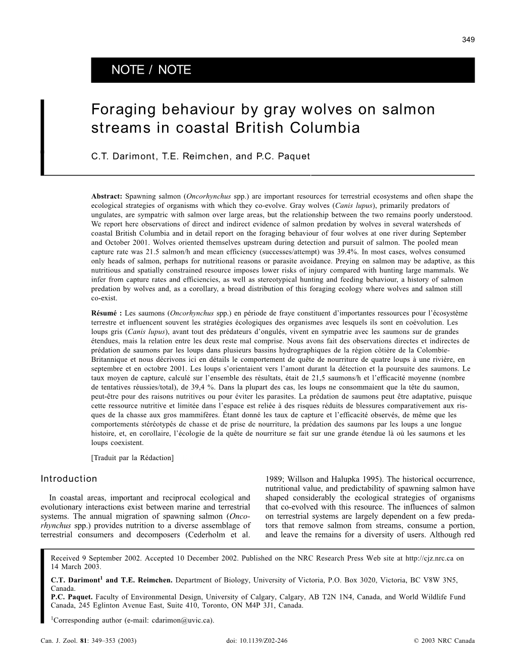 Foraging Behaviour by Gray Wolves on Salmon Streams in Coastal British Columbia