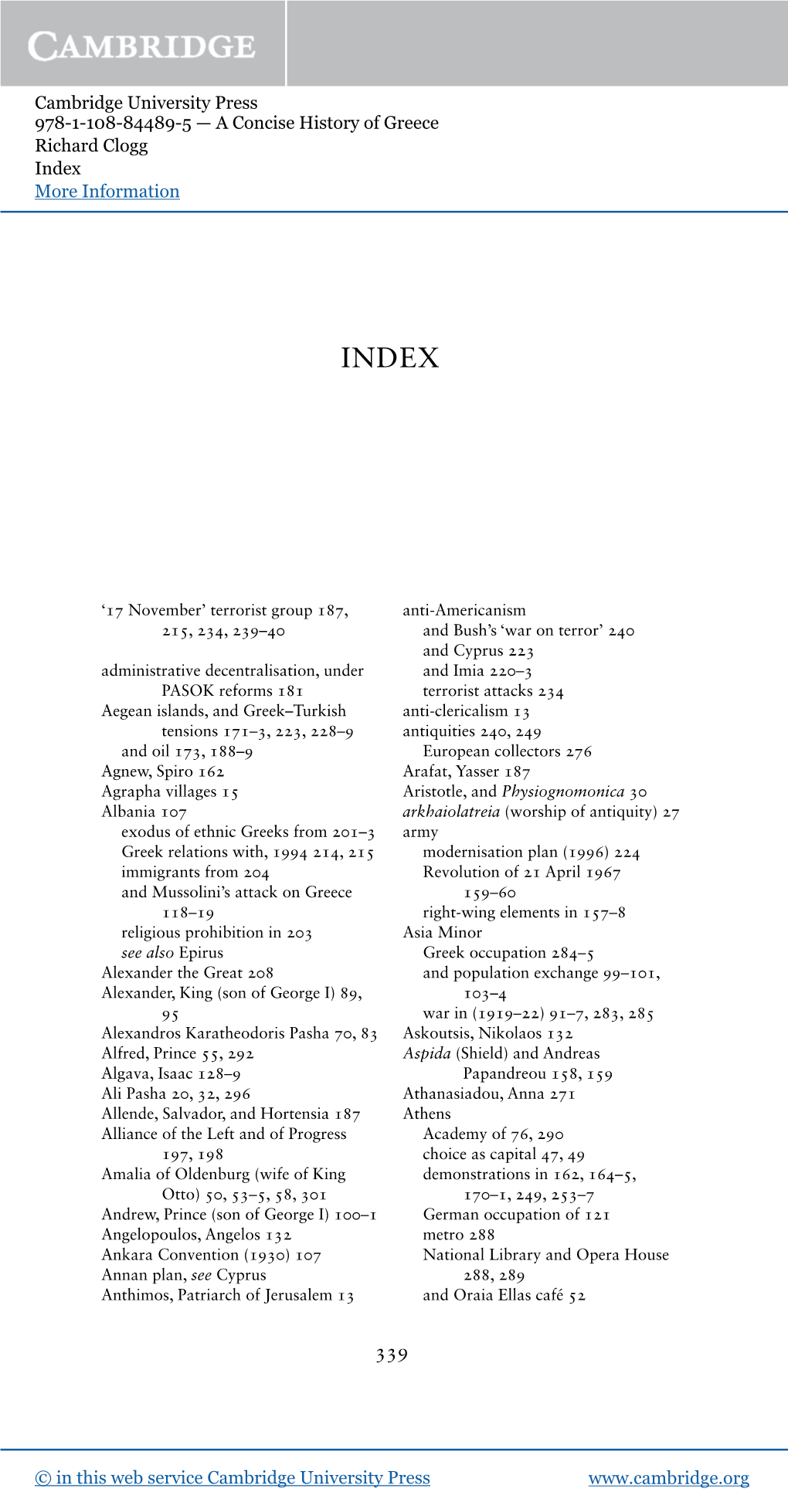 Cambridge University Press 978-1-108-84489-5 — a Concise History of Greece Richard Clogg Index More Information