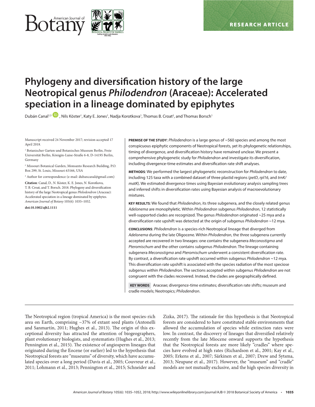 Phylogeny and Diversification History of the Large Neotropical Genus Philodendron (Araceae): Accelerated Speciation in a Lineage Dominated by Epiphytes