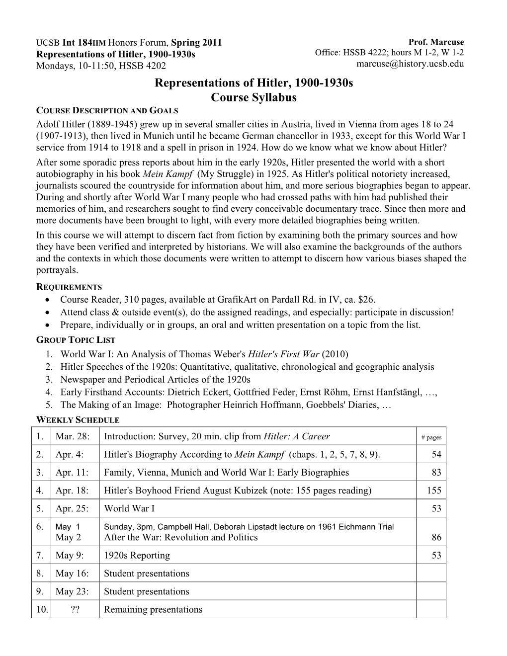 Representations of Hitler, 1900-1930S Course Syllabus