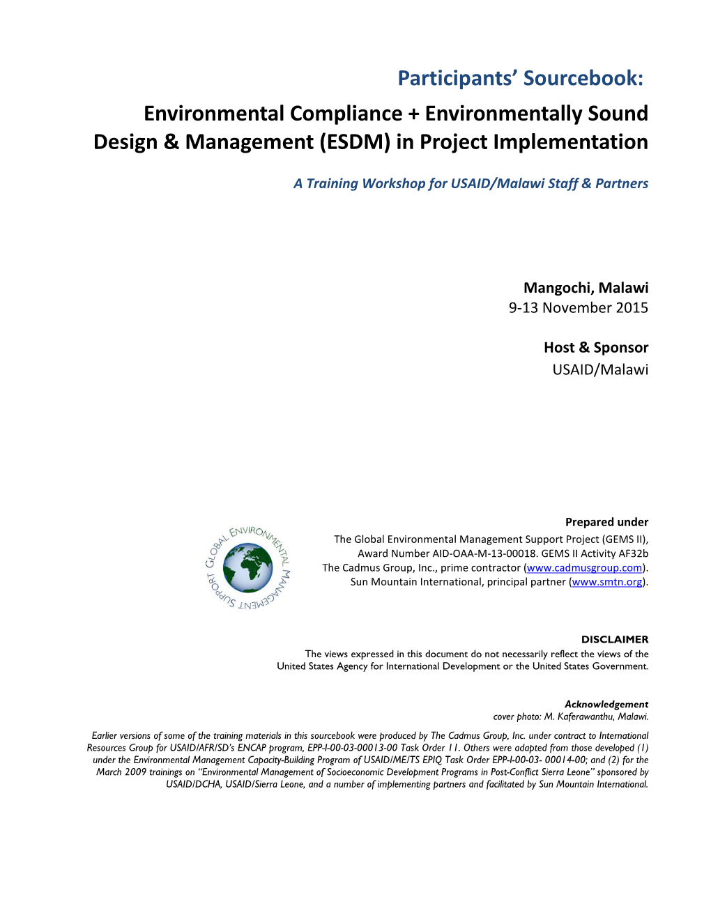 Sourcebook: Environmental Compliance + Environmentally Sound Design & Management (ESDM) in Project Implementation