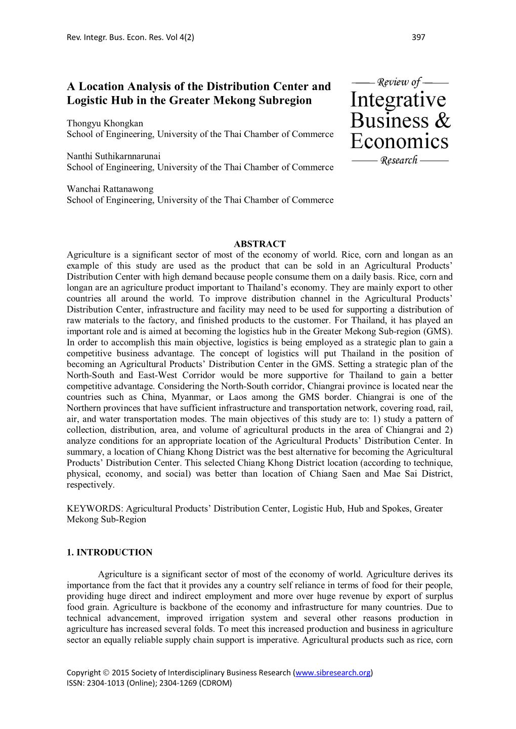 A Location Analysis of the Distribution Center and Logistic Hub in the Greater Mekong Subregion