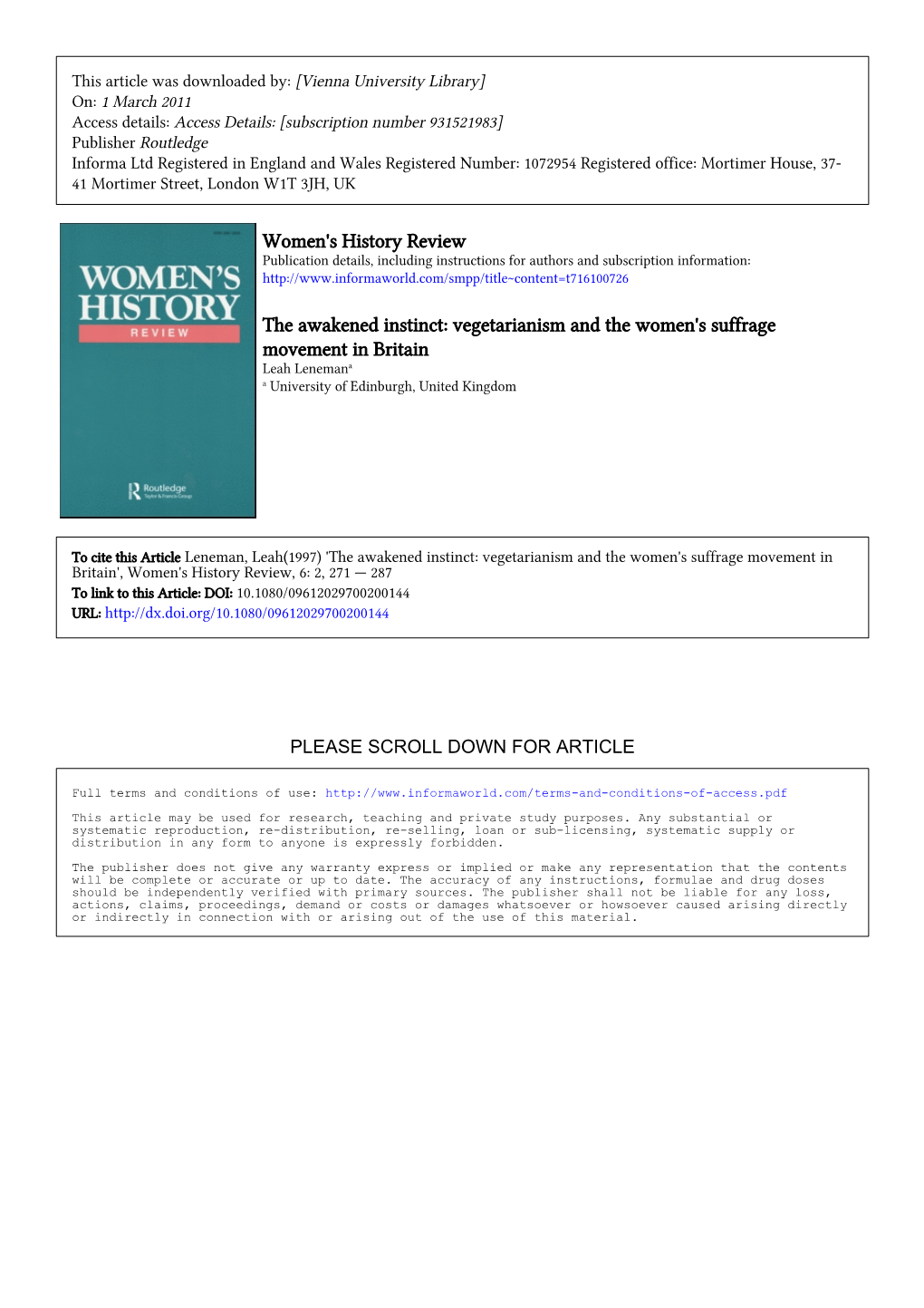 Vegetarianism and the Women's Suffrage Movement in Britain Leah Lenemana a University of Edinburgh, United Kingdom