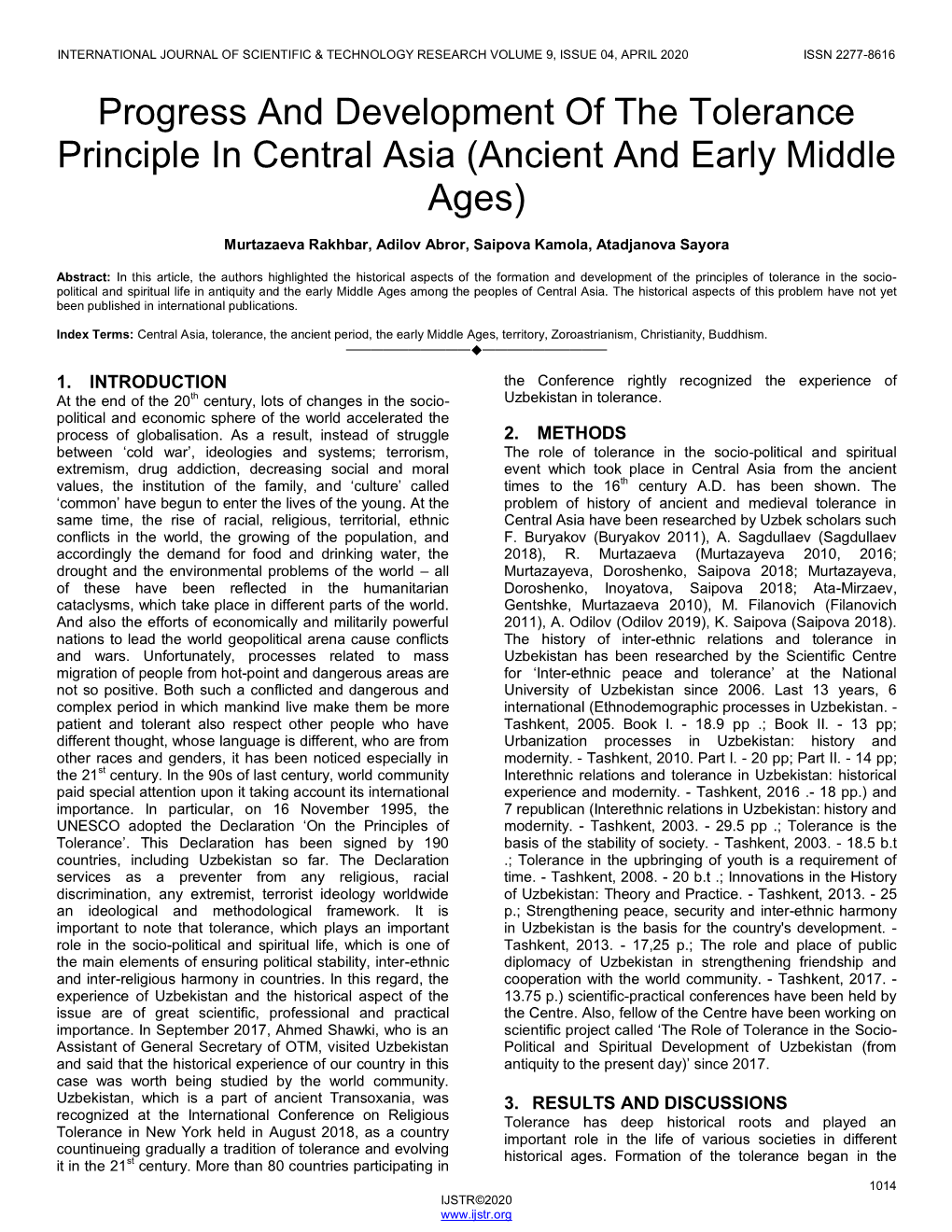 Progress and Development of the Tolerance Principle in Central Asia (Ancient and Early Middle Ages)