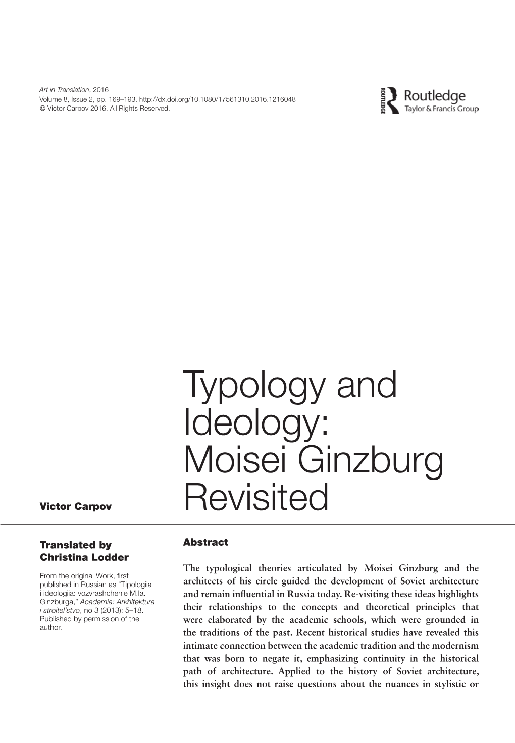 Typology and Ideology: Moisei Ginzburg