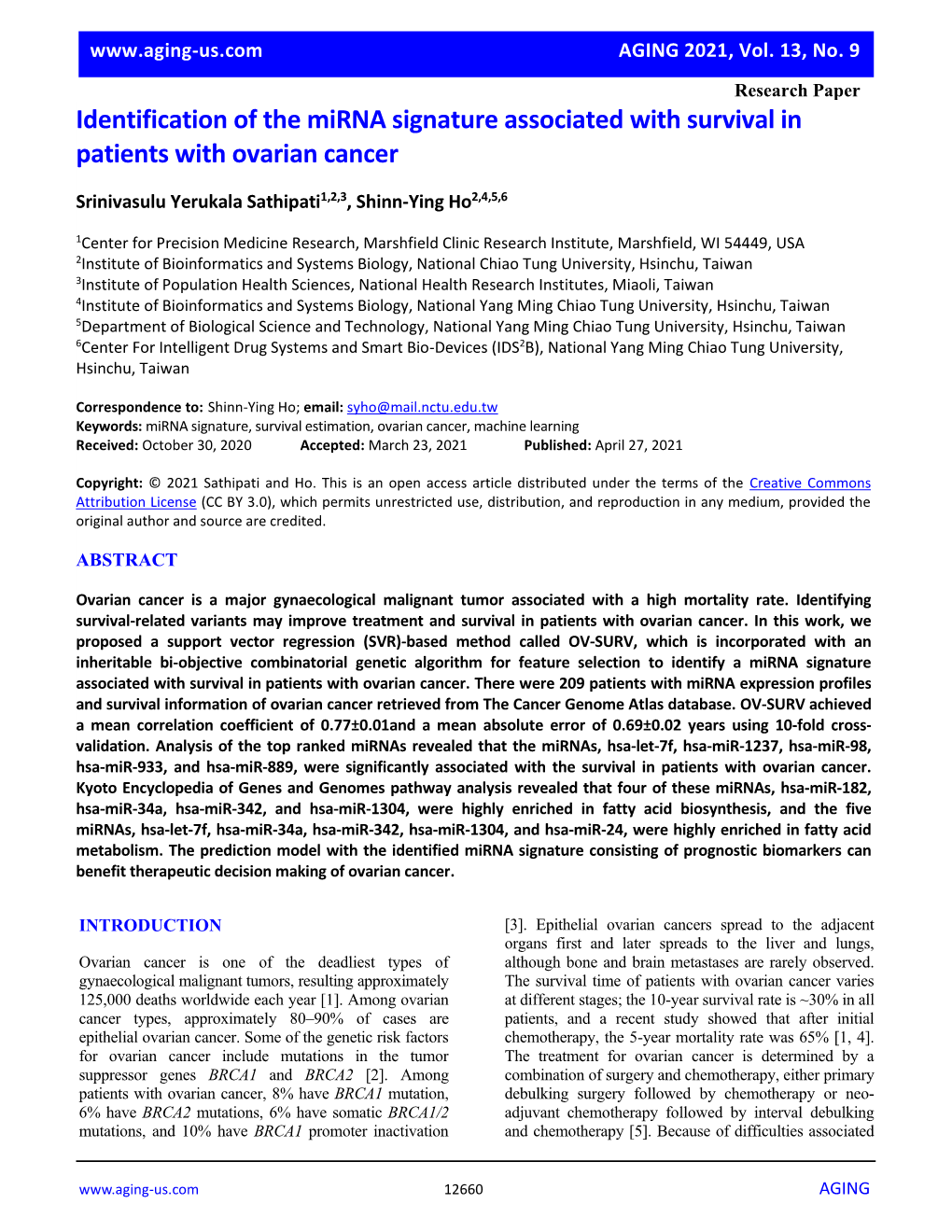 Identification of the Mirna Signature Associated with Survival in Patients with Ovarian Cancer