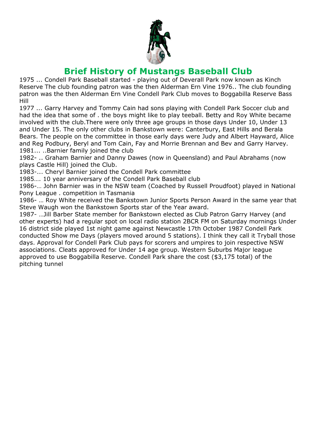 Brief History of Mustangs Baseball Club 1975