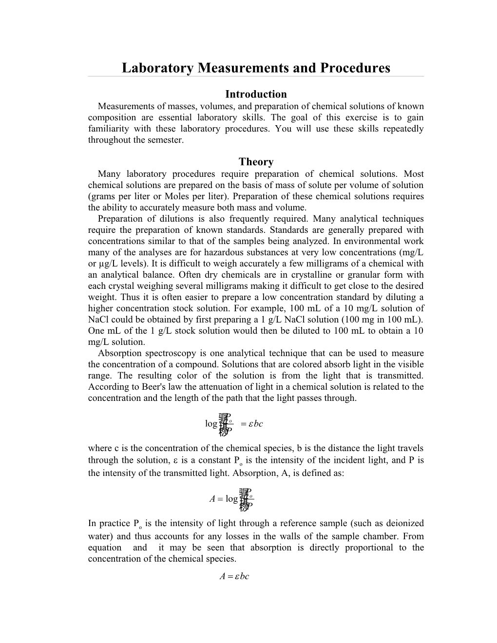 Laboratory Measurements and Procedures