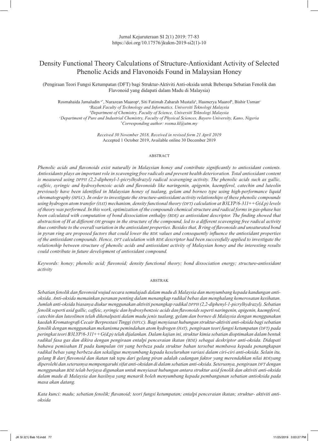 Density Functional Theory Calculations of Structure-Antioxidant Activity of Selected Phenolic Acids and Flavonoids Found in Malaysian Honey