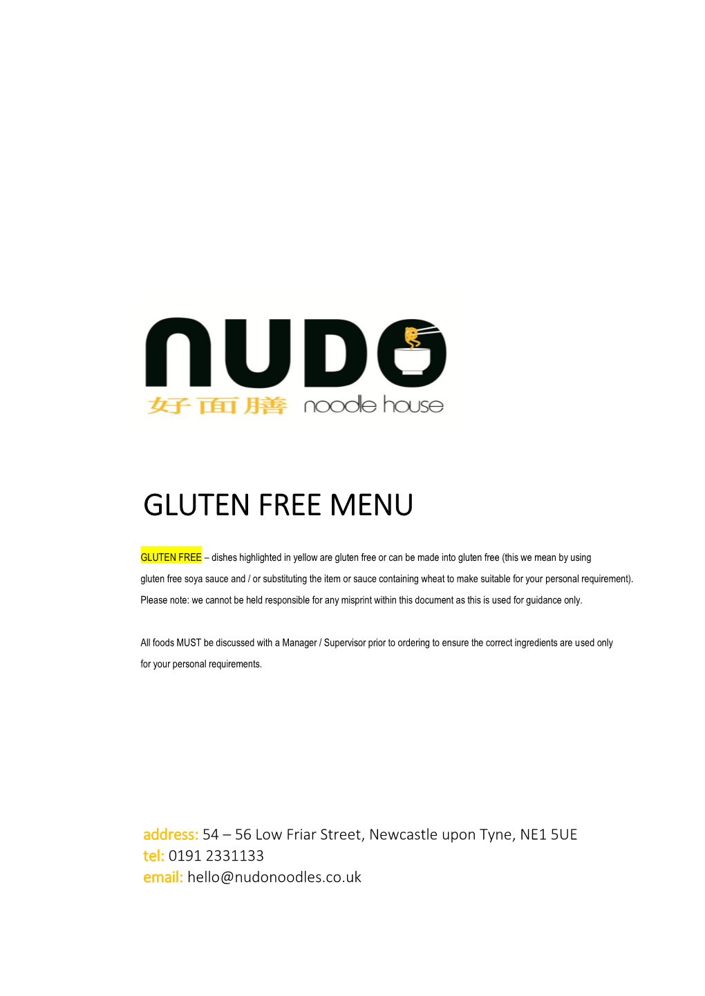 Gluten Free Menu